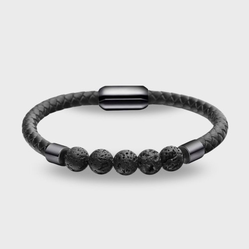 Czarna skórzana bransoletka z koralikami skały wulkanicznej