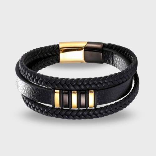 Czarno-złota skórzana bransoletka ze stalowym wykończeniem