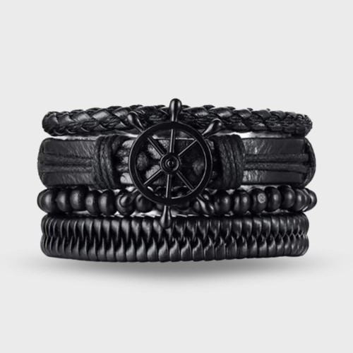 Czarny zestaw bransoletek z sterem statku