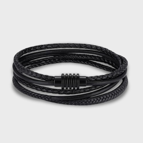 Dwuwarstwowa skórzana bransoletka w czarnym tonie