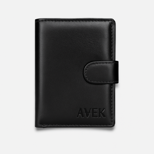 Czarny portfel na guzik ze skóry naturalnej trójdzielny