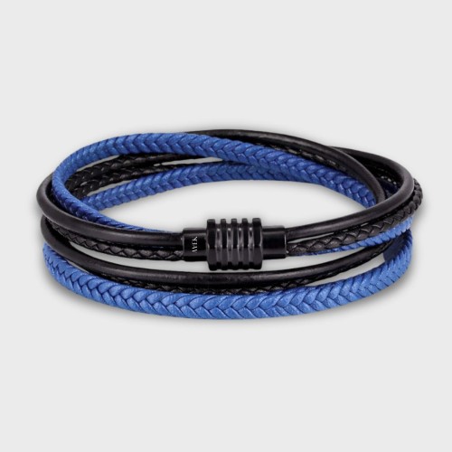 Dwuwarstwowa skórzana bransoletka w czarno-niebieskim tonie