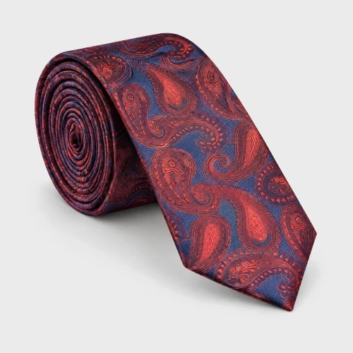 Krawat poliestrowy paisley czerwono-granatowy 6 cm