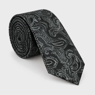 Krawat poliestrowy paisley czarno-srebrny 6 cm