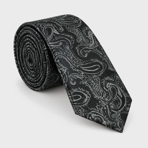 Krawat poliestrowy paisley czarno-srebrny 6 cm