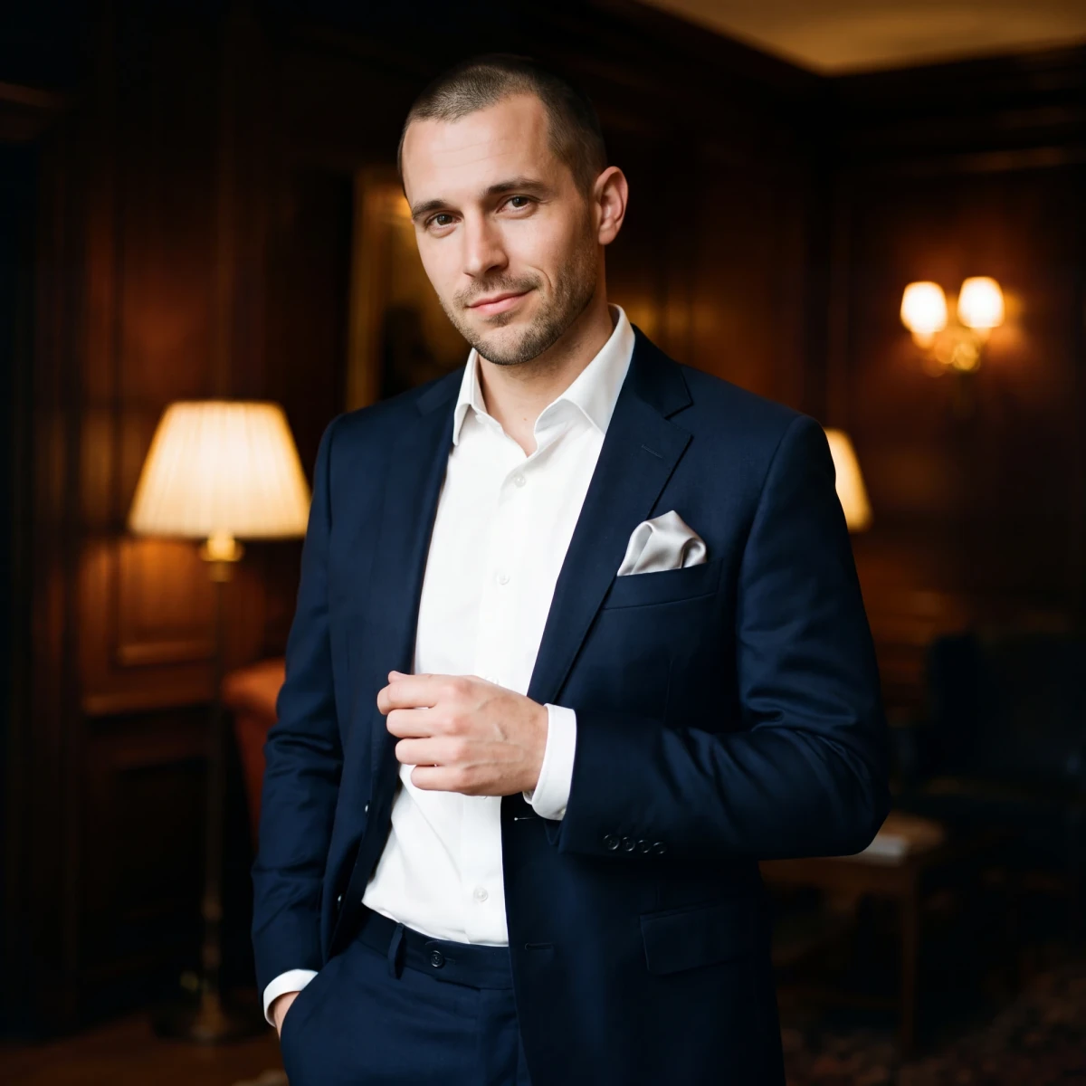 Poszetka jedwabna srebrna do garnituru — cała stylizacja
