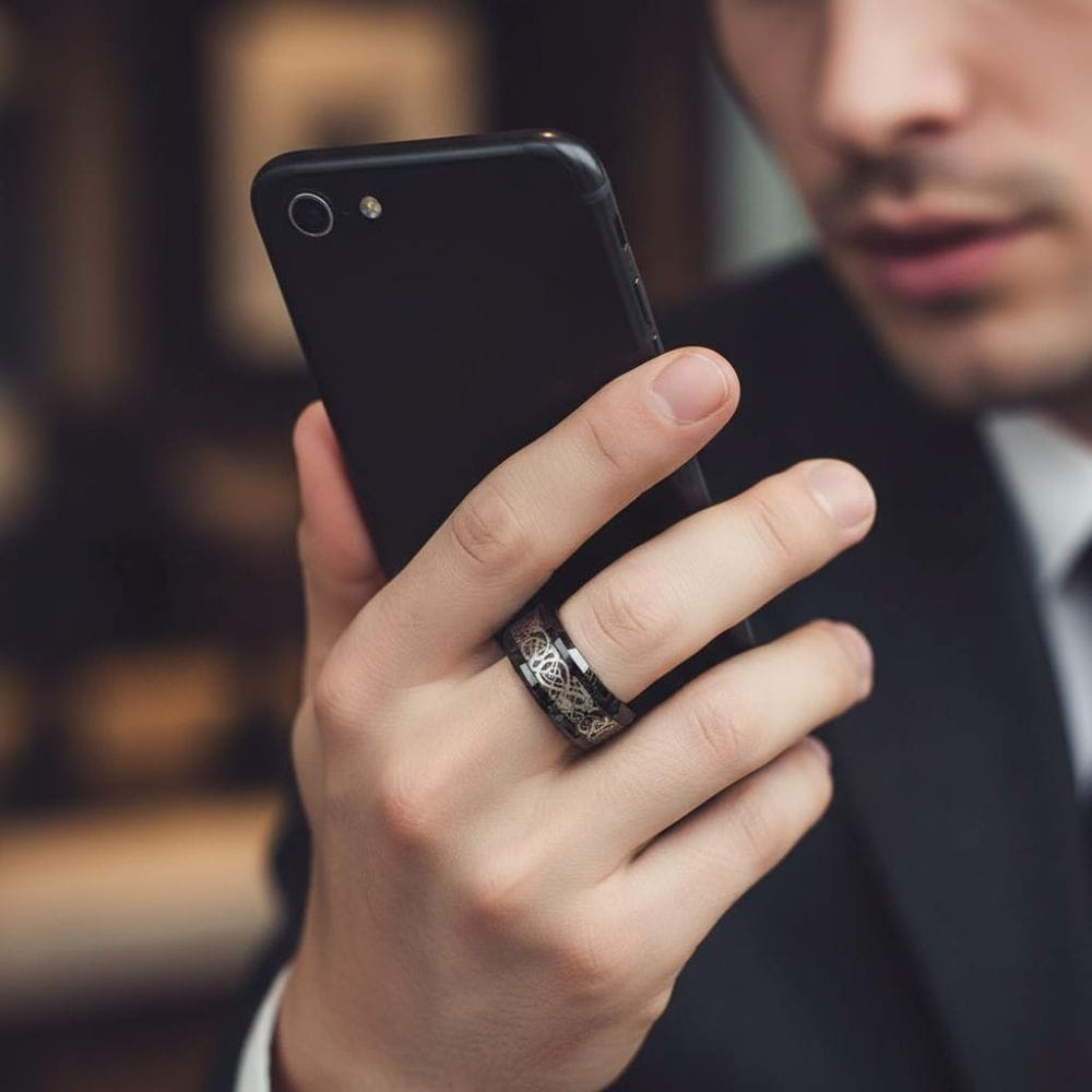 Mężczyzna z czarno-srebrnym pierścieniem trzyma telefon
