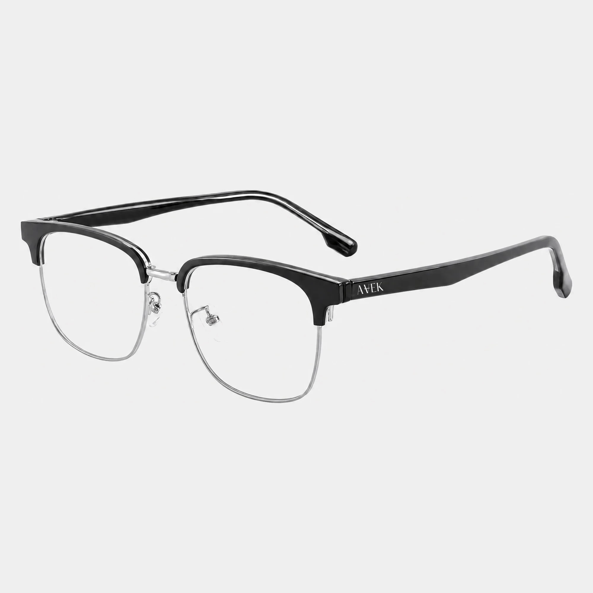 Czarno-srebrne okulary zerówki browline